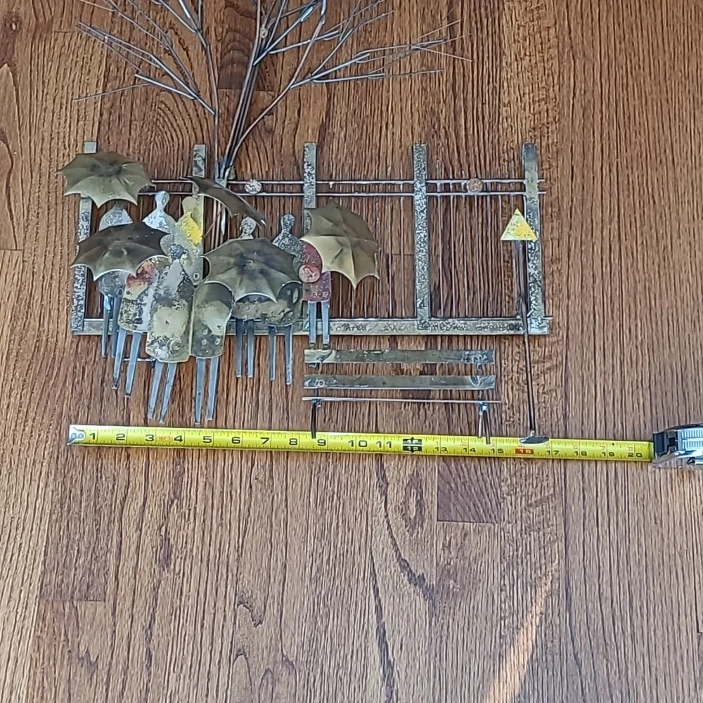 Vintage 1970 Signed Curtis Jere Metal Umbrella Rainy Day Bus Stop Wall Hanging - Picture 9 of 16